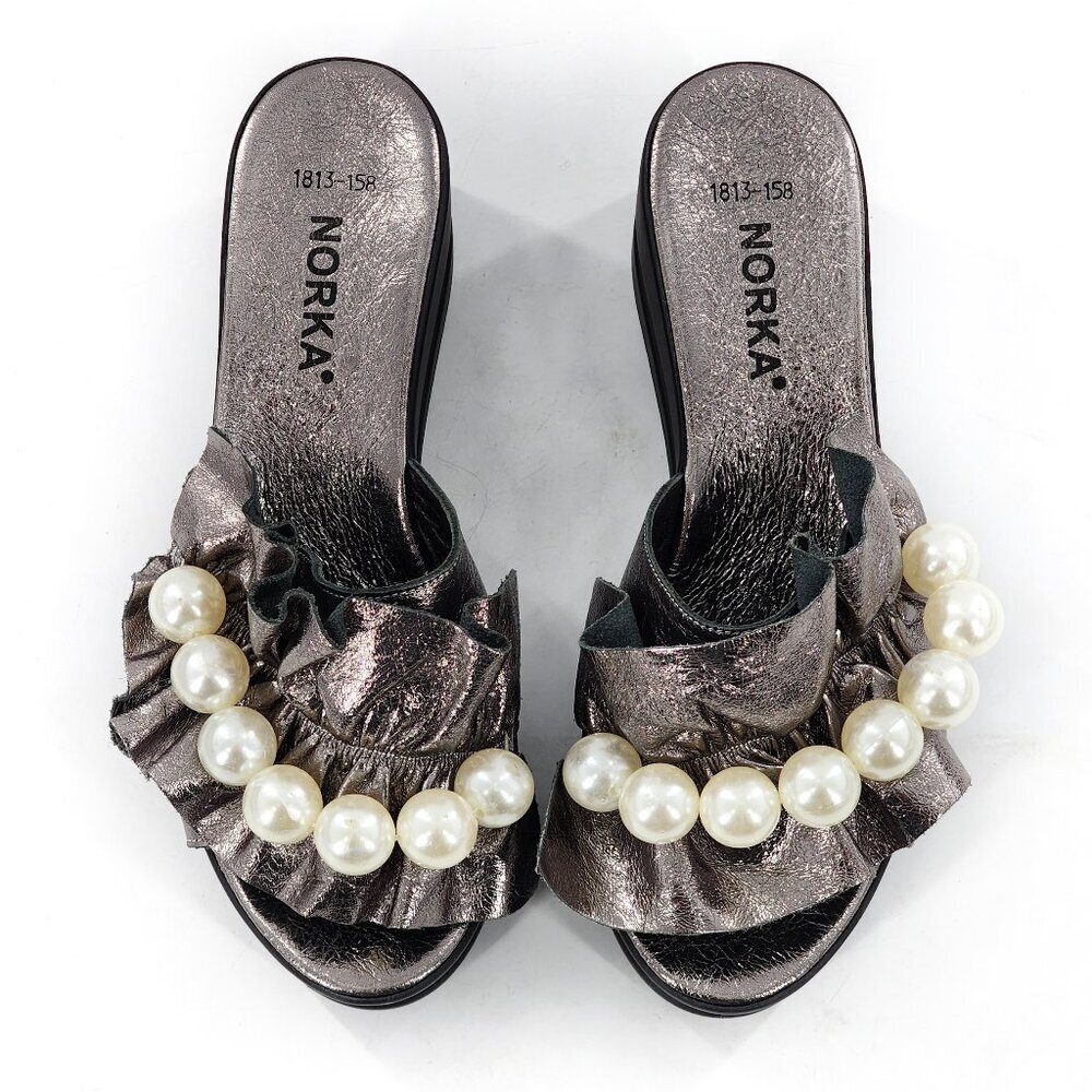 NORKA Silver Leather Ruffle Platform Wedge Slide Sandals With Pearls - Picture 1 of 9
